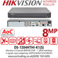 Hikvision DS-7204HTHI-K1(S) 8MP 4 Channel 4K TURBO HD 1 SATA Audio DVR Recorders  