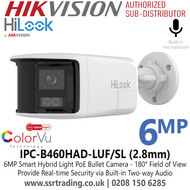 HiLook 6MP Dual Lens Stitched Wide Angle Smart Hybrid Light Bullet IP PoE Camera – 2.8mm Fixed Lens, H.265+, IR Night Vision, Weatherproof IP67, ONVIF, PoE, Smart Motion Detection, Outdoor CCTV Security, Wide Angle Surveillance - IPC-B460HAD-LUF/SL