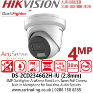 DS-2CD2346G2H-IU Hikvision Pro Series 4MP Turret IP PoE Camera with 2.8mm Fixed Lens, AcuSense, DarkFighter, Built-in Mic