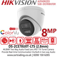 Hikvision 8MP/4K Analogue Turret CCTV Camera – Two Way Audio, 8MP, IR, Smart-Hybrid light, IP67, 40m White Light Range - DS-2CE78U0T-LTS (2.8mm)