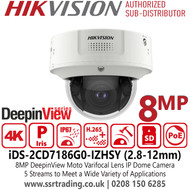 Hikvision IP Dome CCTV Camera 8MP/4K Resolution, AcuSense AI Detection, IR Night Monitoring, 2.8-12mm Motorised Zoom Lens, IP67 & IK10 Rated, NDAA & GDPR Compliant, ONVIF Compatible, Ideal for Commercial Security Systems - iDS-2CD7186G0-IZHSY