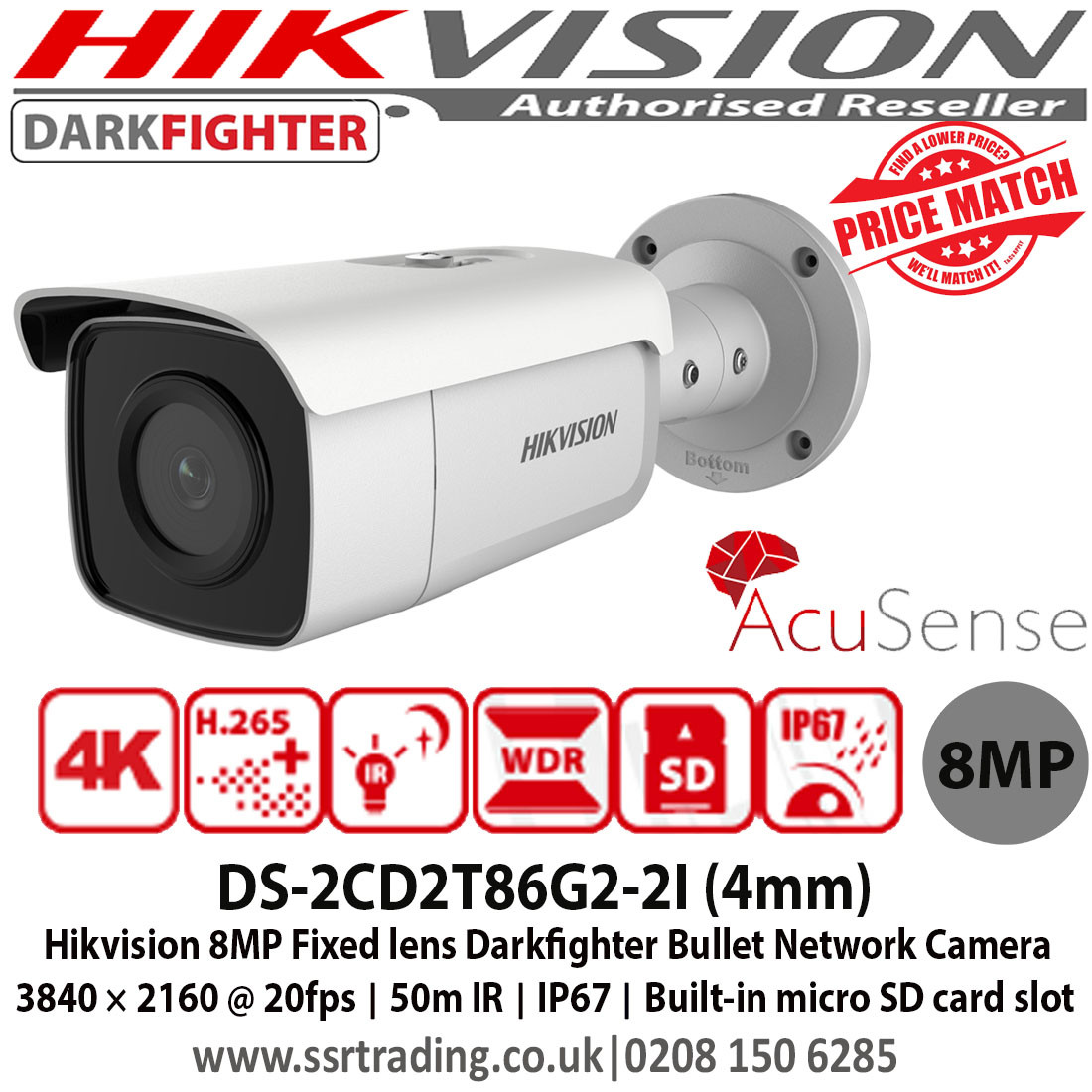 Hikvision AcuSense Darkfighter Camera 8MP 4mm Fixed lens 50m IR, 120dB