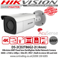 Hikvision AcuSense Darkfighter Camera 8MP 4mm Fixed lens 50m IR, 120dB WDR, IP67,  Built-in micro SD/SDHC/SDXC card slot, up to 256 GB, Human and vehicle classification alarm based on deep learning Bullet Network Camera - DS-2CD2T86G2-2I (4MM) - Ist