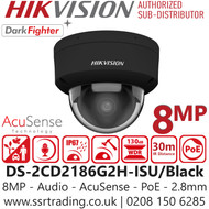 Hikvision 8MP/4K AcuSense Audio Black Dome IP Camera - DS-2CD2186G2H-ISU/Black (2.8mm) 