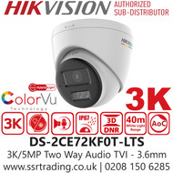 Hikvision 3K/5MP Two Way Audio Turret TVI Camera - DS-2CE72KF0T-LTS (3.6mm)