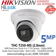 HiLook 5MP Turret TVI Camera, Built-in Mic, Smart IR - THC-T250-MS (2.8mm)
