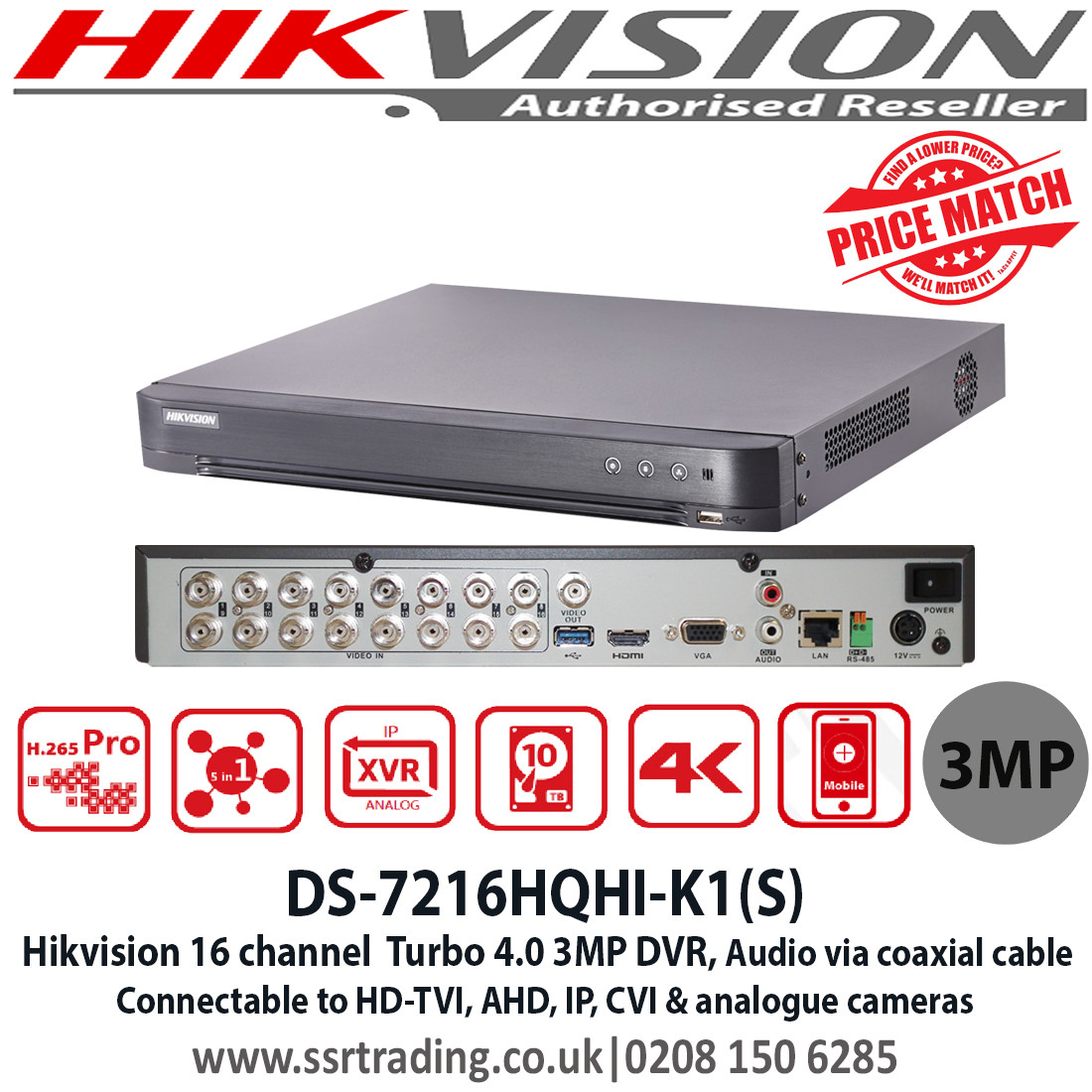 Hikvision DS-7216HQHI-K1/S Channel 3MP Turbo HD 1 SATA Audio Over Coax DVR  - Ist