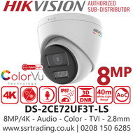 Hikvision 4K/8MP Smart Hybrid Light Audio Turret TVI Camera - DS-2CE72UF3T-LS (2.8mm)