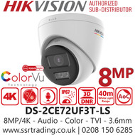 Hikvision 4K/8MP Smart Hybrid Light Audio Turret TVI Camera - DS-2CE72UF3T-LS (3.6mm)
