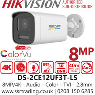 Hikvision 4K/8MP Smart Hybrid Light Color TVI Bullet Camera - DS-2CE12UF3T-LS (2.8mm)