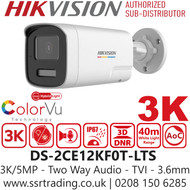 Hikvision 3K Two Way Audio Color Bullet TVI Camera - DS-2CE12KF0T-LTS (3.6mm)