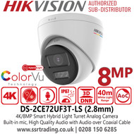 DS-2CE72UF3T-LS (2.8mm) Hikvision 8MP Smart Hybrid Light Audio Turret TVI Camera - Water and Dust Resistant (IP67) - 24/7 Color Imaging with F1.0 Aperture - Built-in mic, High Quality Audio with Audio Over Coaxial Cable 