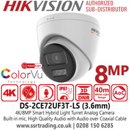 Hikvision DS-2CE72UF3T-LS (3.6mm) 8MP Smart Hybrid Light Audio 4K Turret TVI Camera - Water and Dust Resistant (IP67) - 24/7 Color Imaging with F1.0 Aperture - Built-in mic, High Quality Audio with Audio Over Coaxial Cable