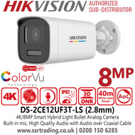 Hikvision DS-2CE12UF3T-LS (2.8mm) 4K/8MP Smart Hybrid Light Color TVI Bullet Camera - Up to 40m White Light and 40 m IR Distance for Bright Night Imaging 