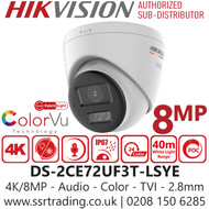 Hikvision 4K/8MP Smart Hybrid Light ColorVu PoC TVI Turret Camera - DS-2CE72UF3T-LSYE (2.8mm)