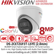 Hikvision 4K/8MP Audio Smart Hybrid Light ColorVu PoC TVI Turret Camera with 2.8mm Fixed Lens, 40m White Light Range, IP67 Water and Dust Resistant - DS-2CE72UF3T-LSYE (2.8mm)