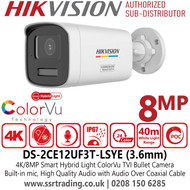 Hikvision 8MP Smart Hybrid Light ColorVu PoC TVI 4K Bullet Camera - DS-2CE12UF3T-LSYE (3.6mm)