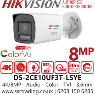 Hikvision 8MP Smart Hybrid Light ColorVu PoC TVI Mini Bullet 4K Camera - DS-2CE10UF3T-LSYE (3.6mm)