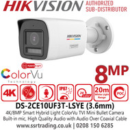 Hikvision DS-2CE10UF3T-LSYE (3.6mm) 8MP Smart Hybrid Light ColorVu PoC TVI Mini Bullet 4K Camera with 3.6mm Lens, Built-in mic, High Quality Audio with Audio Over Coaxial Cable, IP67 Water and Dust Resistant