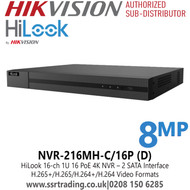 HiLook 16ch 1U 16 PoE 4K NVR, 2 SATA Interface - NVR-216MH-C/16P (D) 