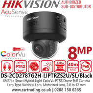 8MP IP Network Camera Hikvision DS-2CD2787G2H-LIPTRZS2U/SL/Black (2.8-12mm) 4K Smart Hybrid Light with ColorVu Motorized PTRZ Varifocal Lens Dome PoE Camera 