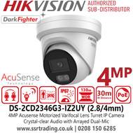 Hikvision 4MP Acusense Motorized Varifocal Turret IP PoE Camera -2.8/4mm in One Lens, Point Vari-focal - Crystal-clear Audio with Arrayed Dual-Mic - Water and Dust Resistant (IP67) - DS-2CD2346G3-IZ2UY (2.8-4mm)