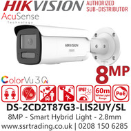 Hikvision 8MP/4K Smart Hybrid Light with ColorVu Bullet IP PoE Camera with 2.8mm Lens - DS-2CD2T87G3-LIS2UY/SL (2.8mm)