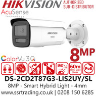 Hikvision 8MP/4K Smart Hybrid Light with ColorVu Bullet IP PoE Camera with 4mm Lens - DS-2CD2T87G3-LIS2UY/SL (4mm)