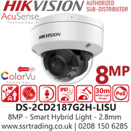 Hikvision 8MP/4K Smart Hybrid Light with ColorVu Mini Dome PoE Camera - DS-2CD2187G2H-LISU (2.8mm)