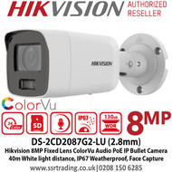 Hikvision DS-2CD2087G2-LU 8MP/4K 2.8mm Fixed Lens ColorVu Audio Network Bullet CCTV Camera, 40m White Light Distance, IP67 Weatherproof, Built in MIC, Supports on board storage, Smart motion detection, 24/7 Full Color Imaging