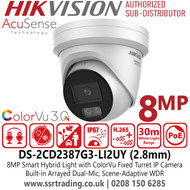 Hikvision DS-2CD2387G3-LI2UY (2.8mm) 8MP Smart Hybrid Light with ColorVu Turret IP PoE Camera with 2.8mm Lens - Scene-Adaptive WDR - Built-in Dual Microphone - Anti-Corrosion Design - Water and Dust Resistance: Rated IP67 for outdoor use