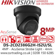 Hikvision 4K/8MP AcuSense Strobe Light and Audible Warning Turret IP PoE Camera - DS-2CD2386G2H-IS2U/SL/Black (4mm)