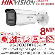 Hikvision 8MP/4K Smart Hybrid Light with ColorVu Bullet IP PoE Camera - DS-2CD2T87G3-LIY (2.8mm)