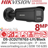 Hikvision 4K/8MP Smart Hybrid Light with ColorVu Bullet IP PoE Camera in Black Color - DS-2CD2T87G3-LIY (4mm)