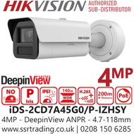 Hikvision 4MP DeepinView ANPR Varifocal Bullet IP PoE Camera - iDS-2CD7A45G0/P-IZHSY (4.7-118mm)