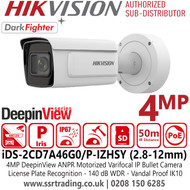 4MP ANPR Bullet IP Camera, Hikvision 4MP DeepinView Motorized Varifocal Bullet IP Network Camera with 50m IR Distance - iDS-2CD7A46G0/P-IZHSY (2.8-12mm)