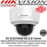 Hikvision DS-2CD2765G0-IZS 6MP 2.8-12 mm Motorized Varifocal Lens 30m IR Darkfighter IP66 IK10 WDR Network Dome Camera 