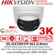 Hikvision 3K/5MP Smart Hybrid Light Audio TVI CCTV Security Camera - DS-2CE72KF3TP-DLS (2.8mm)
