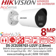 Hikvision 4K/8MP Smart Hybrid Light Bullet IP Network Camera - DS-2CD2087G3-LI2UY (2.8mm)