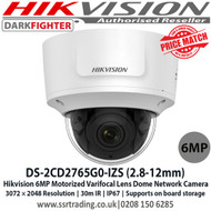 Hikvision 6MP Darkfighter Network Dome Camera 2.8-12 mm Motorized Varifocal Lens 30m IR Darkfighter IP66 IK10 WDR Network Dome Camera - DS-2CD2765G0-IZS - 2nd