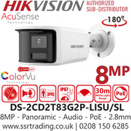 Hikvision 4K Panoramic Lens Bullet IP PoE Camera with 2.8mm Fixed Lens, 8MP Resolution, AcuSense Technology,180° panoramic field of view, 30m White Light Range, IP67 Water and Dust Resistant - DS-2CD2T83G2P-LISU/SL (2.8mm)