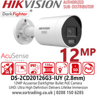Hikvision 12MP Acusense Bullet UHD IP PoE Camera with 2.8mm Fixed Lens, - WDR: 130 dB True WDR ensures clear imaging even against strong backlight - DS-2CD20126G3-IUY