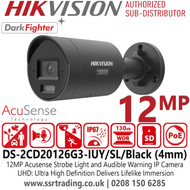 Hikvision 12MP Acusense Strobe Light & Audible Warning Bullet PoE Camera - DS-2CD20126G3-IUY/SL/Black (6mm)