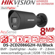 Hikvision 8MP Darkfighter Mini Bullet PoE Camera - DS-2CD2086G2H-IU/Black (2.8mm)