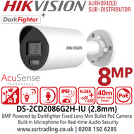 Hikvision 8MP Darkfighter Mini Bullet PoE Camera with 2.8mm Fixed Lens, Built-in Microphone, IP67 Water and Dust Resistant - DS-2CD2086G2H-IU (2.8mm)