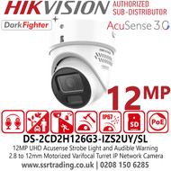 Hikvision 12MP Acusense Strobe Light and Audible Warning Motorized Varifocal Turret IP Network Camera - DS-2CD2H126G3-IZS2UY/SL (2.8-12mm)