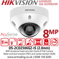 Hikvision 4K AcuSense Dome IP Network 8MP CCTV Camera with 2.8mm Fixed Lens, Built in Microphone, IP67 Water and Dust Resistant, IK08 Vandal Resistant, 30m IR Range - DS-2CD2586G2-IS (2.8mm)