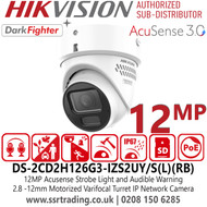 Hikvision DS-2CD2H126G3-IZS2UY/SL(RB) (2.8-12mm) 12MP Acusense Strobe Light and Audible Warning IP Camera with UHD: Ultra High Definition Delivers Lifelike Immersion, Crystal-clear audio with Built-in Arrayed Dual-Mic, and Smart PA Speaker