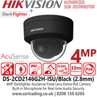Hikvision 4MP AcuSense Audio Dome IP CCTV Camera with 2.8mm Fixed Lens, Water and Dust Resistant (IP67) and Vandal-Resistant (IK10) - DS-2CD2146G2H-ISU/Black (2.8mm)