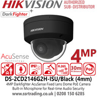 Hikvision 4MP AcuSense Fixed Dome Network Camera high-quality surveillance. Key features include Powered-by-DarkFighter low-light technology, 120 dB WDR, H.265+ compression, built-in microphone (-SU), and IP67/IK10 protection